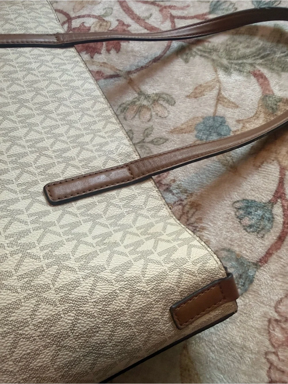 Michael Kors Beige Signature MK Logo Tote with Brown Leather Straps